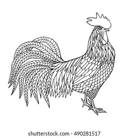 Rooster Coloring Page. Hand drawn illustration for coloring book. Vector 2017 New Year symbol. 