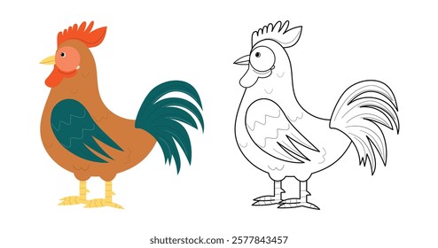 Rooster, coloring page for kids. Funny cock. Vector illustration. Children's coloring book with color example. Outline coloring page.