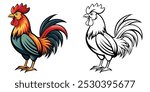 Rooster Coloring Page For Kids Printable. Rooster Cartoon Illustration Vector Design On White Background