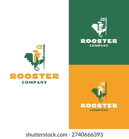 Rooster Company Logo Template featuring Stylized Cock and Flag Silhouette