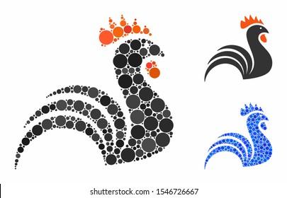 Rooster composition of spheric dots in different sizes and color tones, based on rooster icon. Vector dots are grouped into blue illustration. Dotted rooster icon in usual and blue versions.