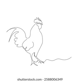 Rooster in continuous line art drawing style. Cock in the meadow minimalist black linear sketch isolated on white background.  Hand made vector not Al