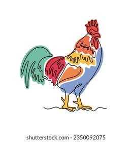 Rooster continuous line colourful vector illustration