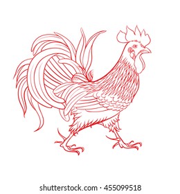 Rooster. Contour stylized red rooster on a white background.  Hand drawn vector illustration.