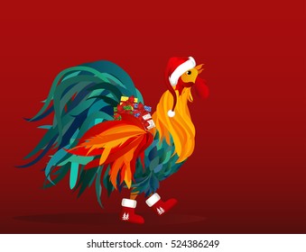 Rooster in costume of Santa Claus brings gifts on Christmas. Vector. Colorful rainbow. Symbol 2017. Blank space for advertising. Isolated Cockerel on a red background 