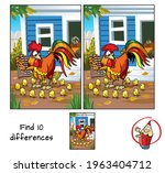 Rooster counting chicks. Find 10 differences. Educational game for children. Cartoon vector illustration