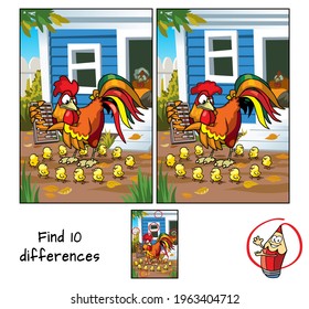 Rooster counting chicks. Find 10 differences. Educational game for children. Cartoon vector illustration