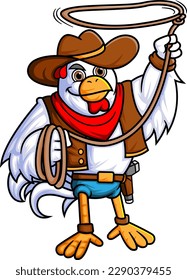 un gallo en un sombrero de vaquero actuando sobre una cuerda de ilustración