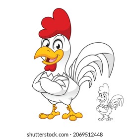 Rooster with Cross Hands with Line Art Drawing, Birds Roosters and Chickens, Vector Character Illustration, Cartoon Mascot Logo in Isolated White Background.