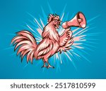 A rooster crowing and Announcing loudly into a megaphone  in isolated background. Crowing Rooster line Drawing vector illustration.