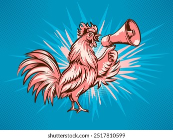 Ein Hahn kräht und kündigt sich laut in ein Megaphon auf isoliertem Hintergrund. Crowing Rooster line Zeichnung Vektorgrafik.