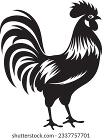 Rooster crowing, Basic simple Minimalist vector graphic, isolated on white background, black and white