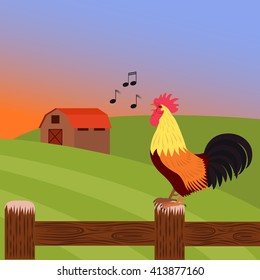 Rooster crowing at dawn on a farm standing on a fence vector illustration