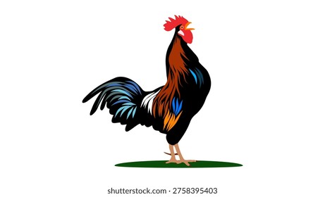 Rooster crowing, flat color vector illustration