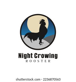 Rooster Crowing At Night Emblem Logo Vector design