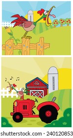 Rooster Crowing Of The Rising Sun. Vector Collection Set