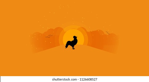 Rooster crowing at sunrise background with copy space. Cottage in an idyllic landscape of rolling clouds with sunrise in the background.
