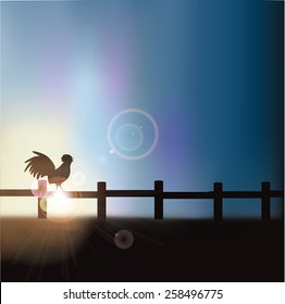 Rooster crowing at sunrise background with copy space EPS 10 vector royalty free stock illustration for greeting card, ad, promotion, poster, flier, blog, article, social media, marketing