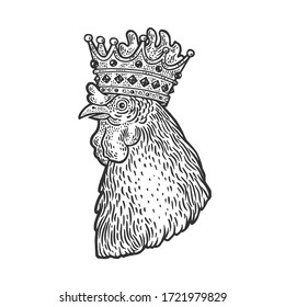 rooster in the crown sketch engraving vector illustration. T-shirt apparel print design. Scratch board imitation. Black and white hand drawn image.