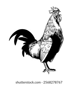 Rooster crows with a black and white vector touch, standing proudly waiting for you, suitable for logos and merchandise patterns