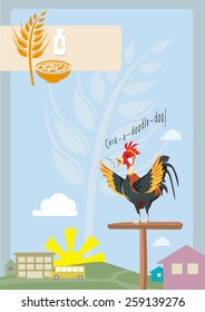 A Rooster Crows during Sunrise in the Village. With icons of breakfast cereal.  A New Morning concept design for cereal boxes, back to school, agriculture or more. Editable Vector EPS10 Illustration. 