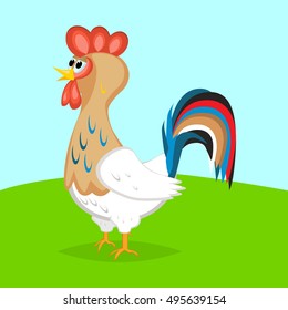  Rooster cute crest drawing chicken vector. Brown leghorn rooster bird design animal. Multicolored rooster farm chinese bird. Colored rooster leghorn cockerel year beautiful decoration.