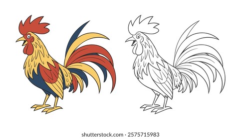 Rooster. Cute farm poultry. Illustration and Coloring Page. Coloring book for children and adults. 