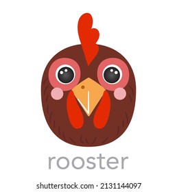 Rooster Cute portrait with name text smile head cartoon round shape animal face, isolated bird vector icon illustrations on white. Flat simple avatar for kids poster, UI app, t-shirts, baby clothes