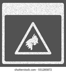 Rooster Danger Calendar Page grainy textured icon for overlay watermark stamps. Flat symbol with dust texture. Dotted vector white ink rubber seal stamp with grunge design on a gray background.
