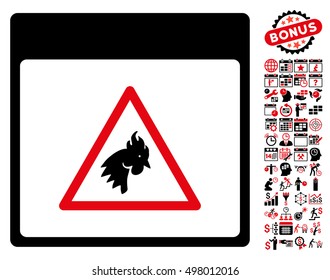 Rooster Danger Calendar Page icon with bonus calendar and time management symbols. Vector illustration style is flat iconic symbols, intensive red and black, white background.