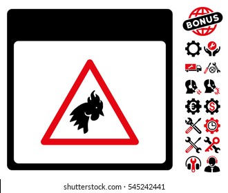 Rooster Danger Calendar Page icon with bonus tools pictograph collection. Vector illustration style is flat iconic symbols, intensive red and black, white background.