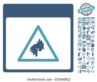 Rooster Danger Calendar Page icon with bonus calendar and time management pictograms. Vector illustration style is flat iconic symbols, cyan and blue, white background.