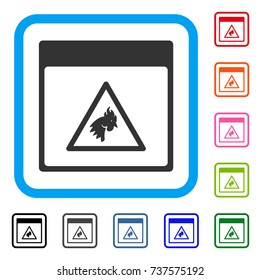 Rooster Danger Calendar Page icon. Flat grey pictogram symbol inside a light blue rounded rectangle. Black, gray, green, blue, red, orange color versions of Rooster Danger Calendar Page vector.