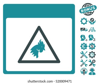 Rooster Danger Calendar Page pictograph with bonus settings pictograph collection. Vector illustration style is flat iconic symbols, soft blue, white background.