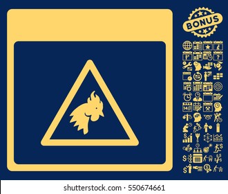 Rooster Danger Calendar Page pictograph with bonus calendar and time management graphic icons. Vector illustration style is flat iconic symbols, yellow, blue background.