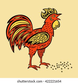 Rooster decorated with patterns. Products from chicken meat and eggs. Hand drawn vector illustration rooster 