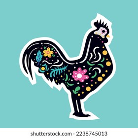 Rooster dia de muertos icon. Poster or banner for website, feathered bird in bright colors. Culture and traditions, decoration, graphic element for printing on fabric. Cartoon flat vector illustration