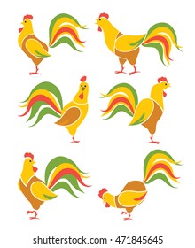 Rooster in different poses set, isolated on white background, vector illustration.  Colorful farm birds collection. 