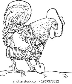 The rooster digs the ground with a shovel.Vector illustration on a white background.