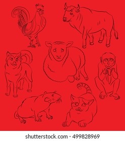 rooster, dog, pig, rat, monkey, tiger and ox