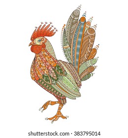 Rooster domestic farmer bird for Coloring pages, zentangle illustration or tattoos with high details. Vector patterned cock.