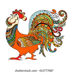 Rooster domestic farmer bird for Coloring pages, zentangle illustration or tattoos with high details. Vector patterned cock.