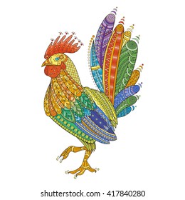 Rooster domestic farmer bird for Coloring pages, zentangle illustration or tattoos with high details. Vector patterned cock.