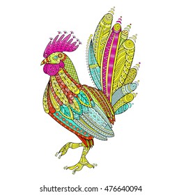 Rooster domestic farmer bird for Coloring pages, zentangle illustration or tattoos with high details. Vector patterned cock.