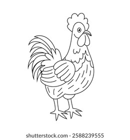 Rooster doodle illustration. Domestic farm bird. Symbol early morning. Kids illustration for colouring page. 