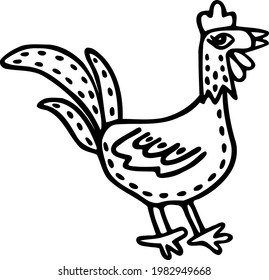 Rooster doodle. Lovely hand-drawn poultry. Friendly ranch bird character for kids. Black line art cock. Domestic fowl stands quietly. Сute vector clipart farm animals for creating kids illustrations. 