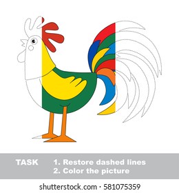 Rooster. Dot to dot educational game for kids. Half tracing worksheet to be colored.