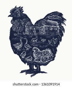 Rooster double exposure tattoo, Farm animals art hand drawn graphic 