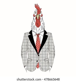 rooster dressed up in business suit, furry art illustration, fashion birds