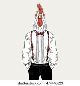 rooster dressed up in classy style, anthropomorphic illustration, fashion animals